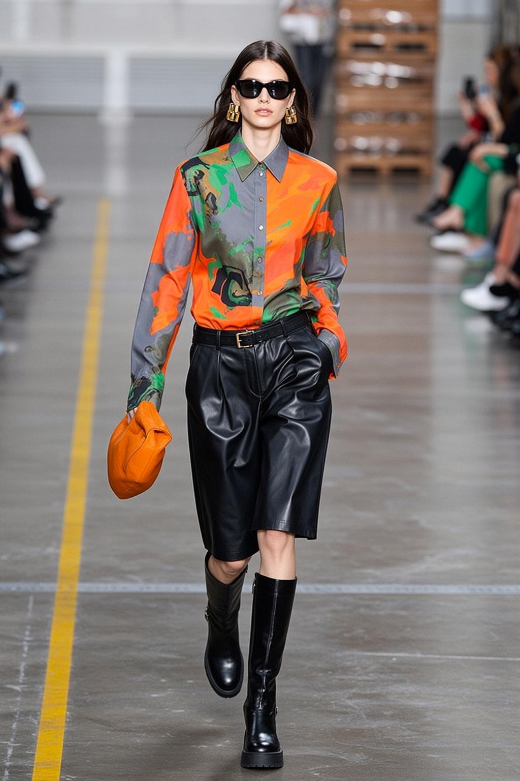 Walking Runway Orange Clutch Black Leather Shorts