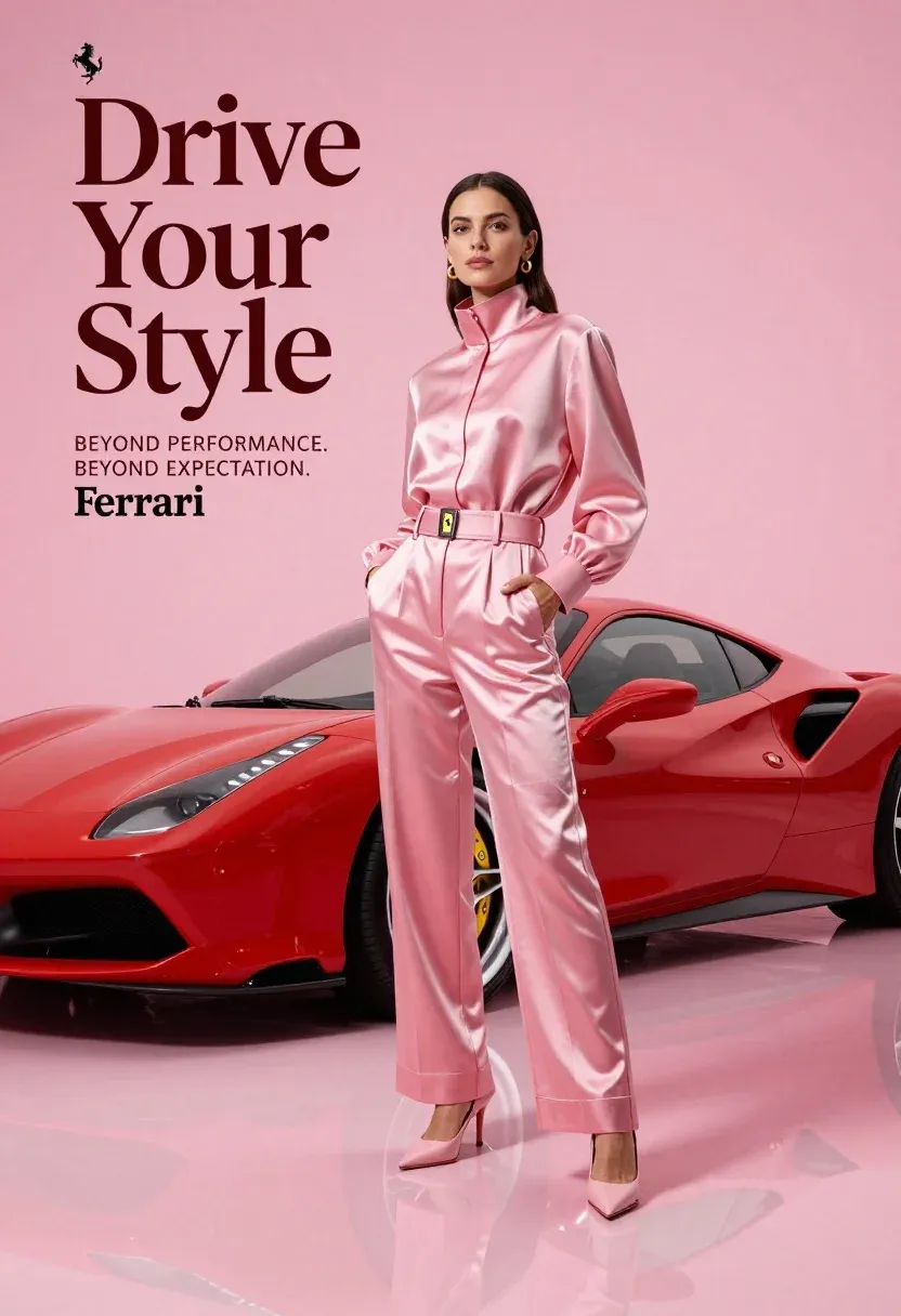 Confident Woman Stands Full-body Pose Next Sleek Red Sports Car