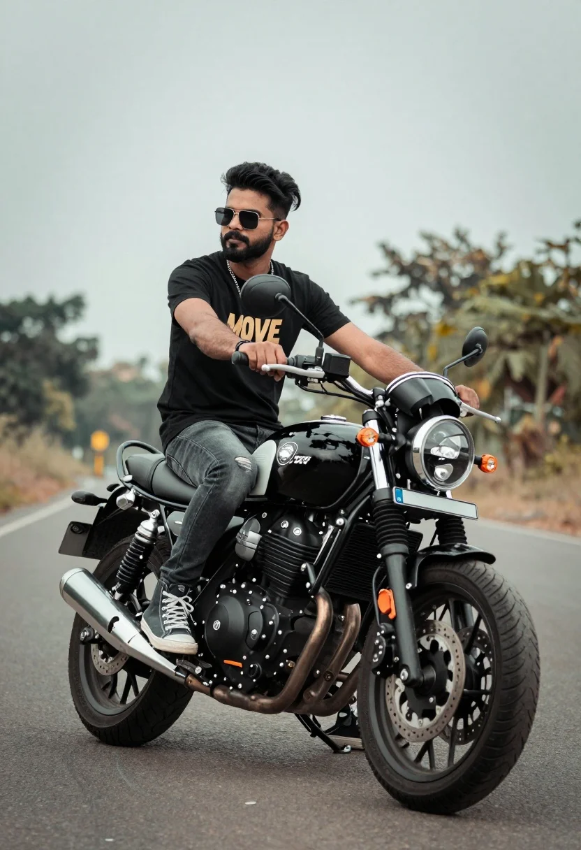 Man Sits Confidently Black Motorcycle With White Accents Positioned Asphalt