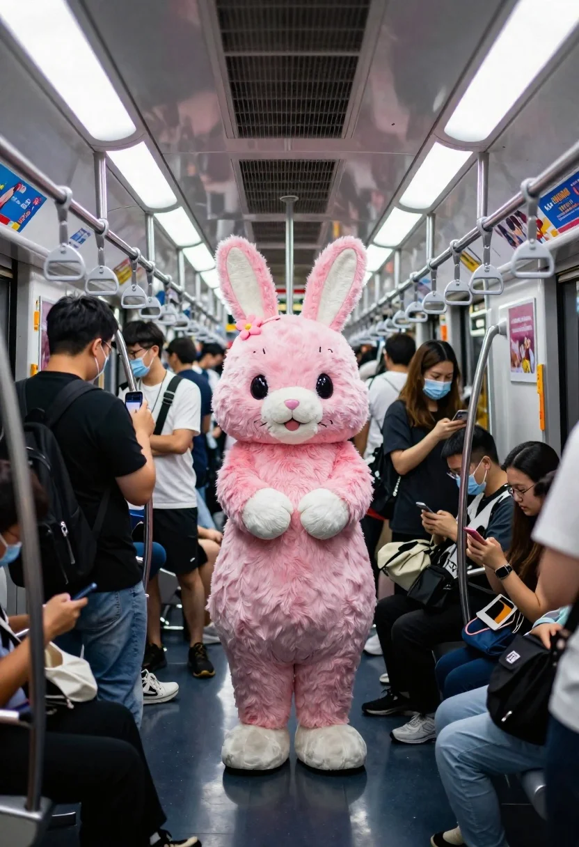 Crowded Subway Car Interior With Overhead Fluorescent Lights And Hanging reference photo