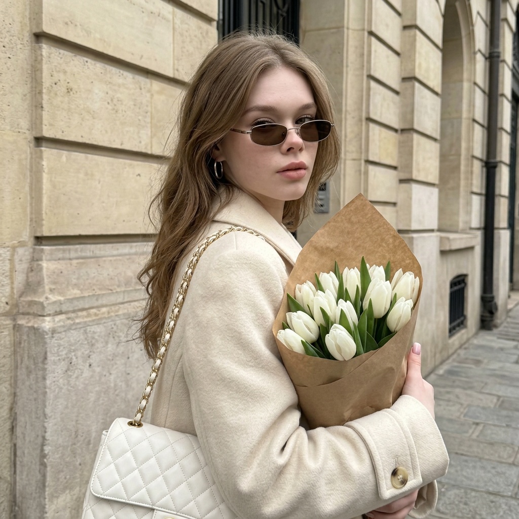 Cream Wool Coat White Tulips European Building