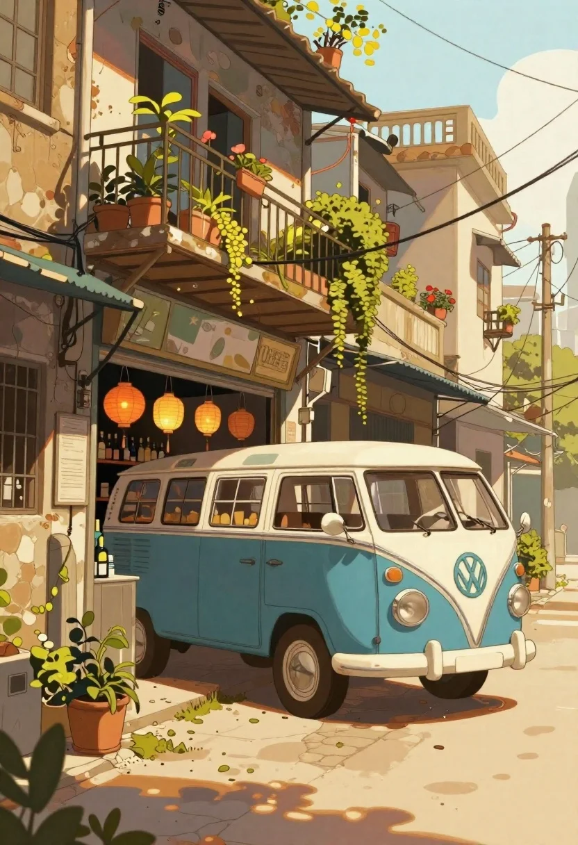 Illustrated Street Scene Featuring Retro Blue And White Volkswagen Bus reference photo