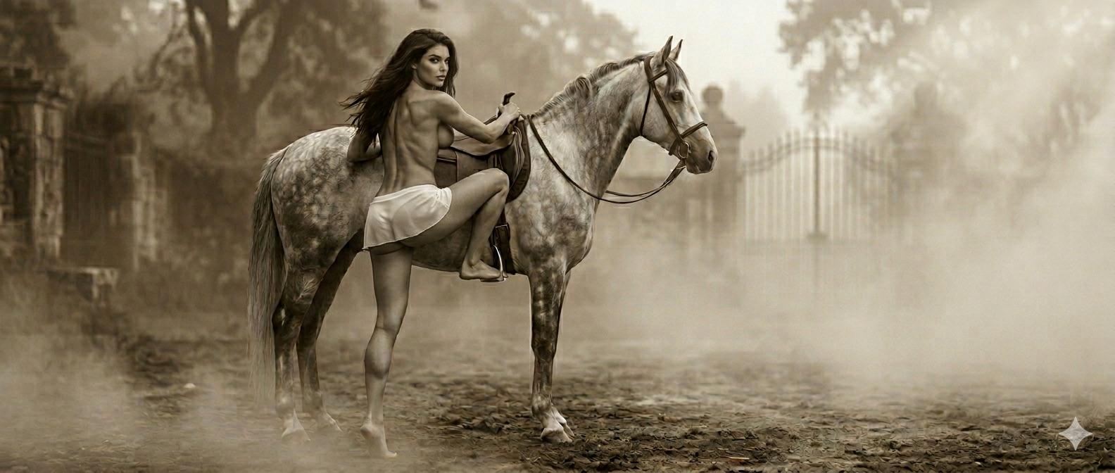 Sepia Misty Scene Person Beside Horse Leather Saddle