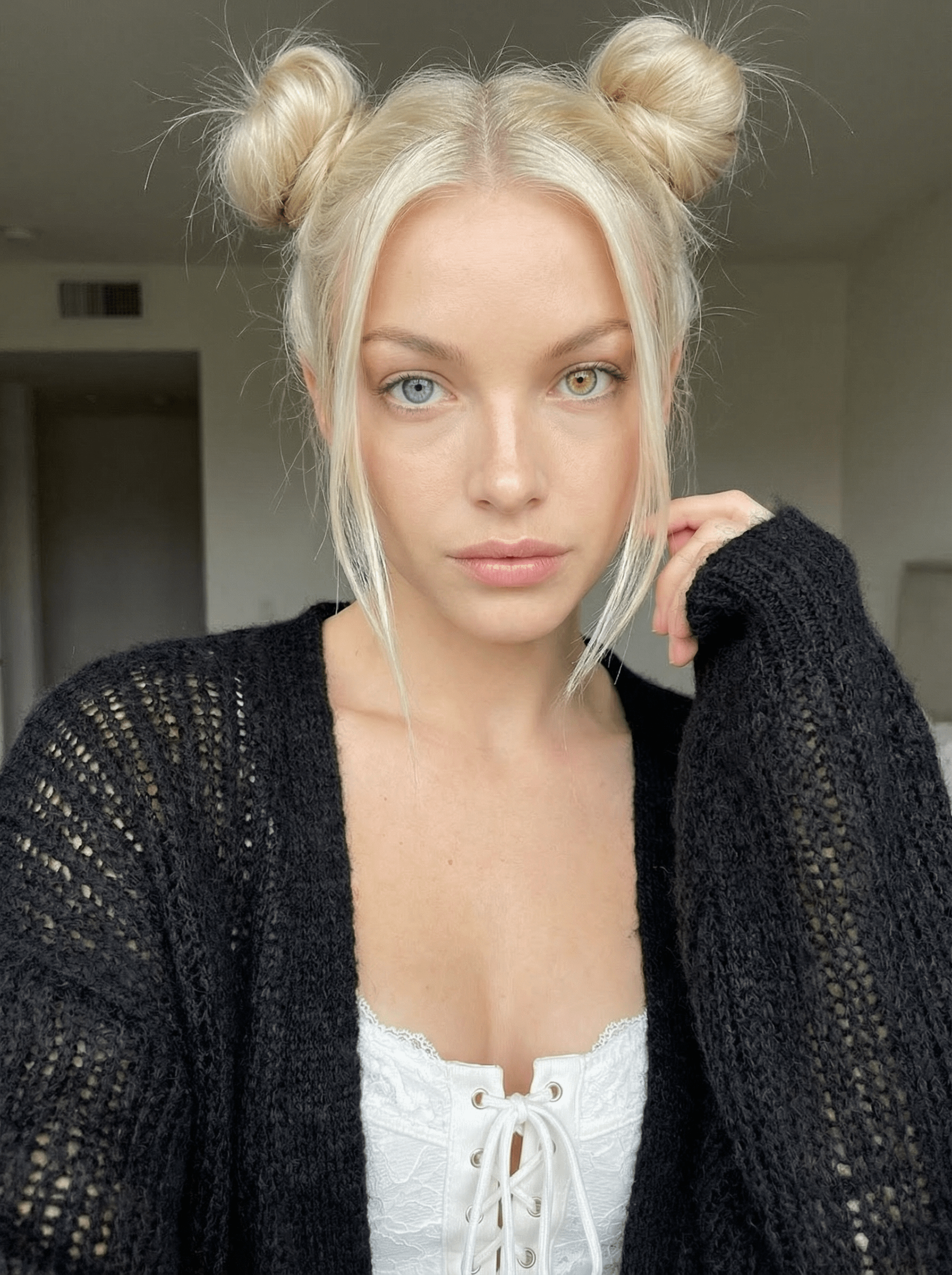 Platinum Space Buns Lace Corset Soft Lighting Selfie