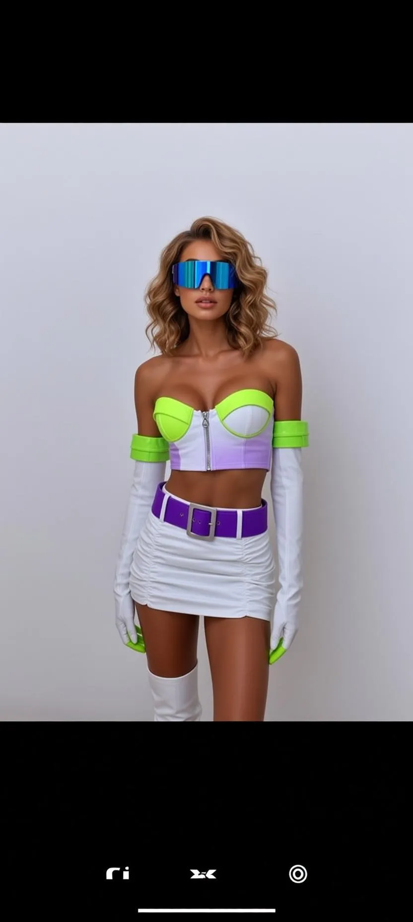 Sunglasses And Futuristic Visor Neon Skirt Look