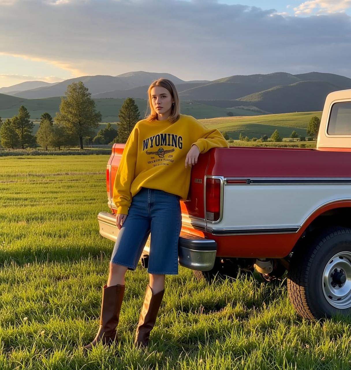 Yellow Wyoming Sweatshirt and Denim Shorts by Mountain Truck reference photo