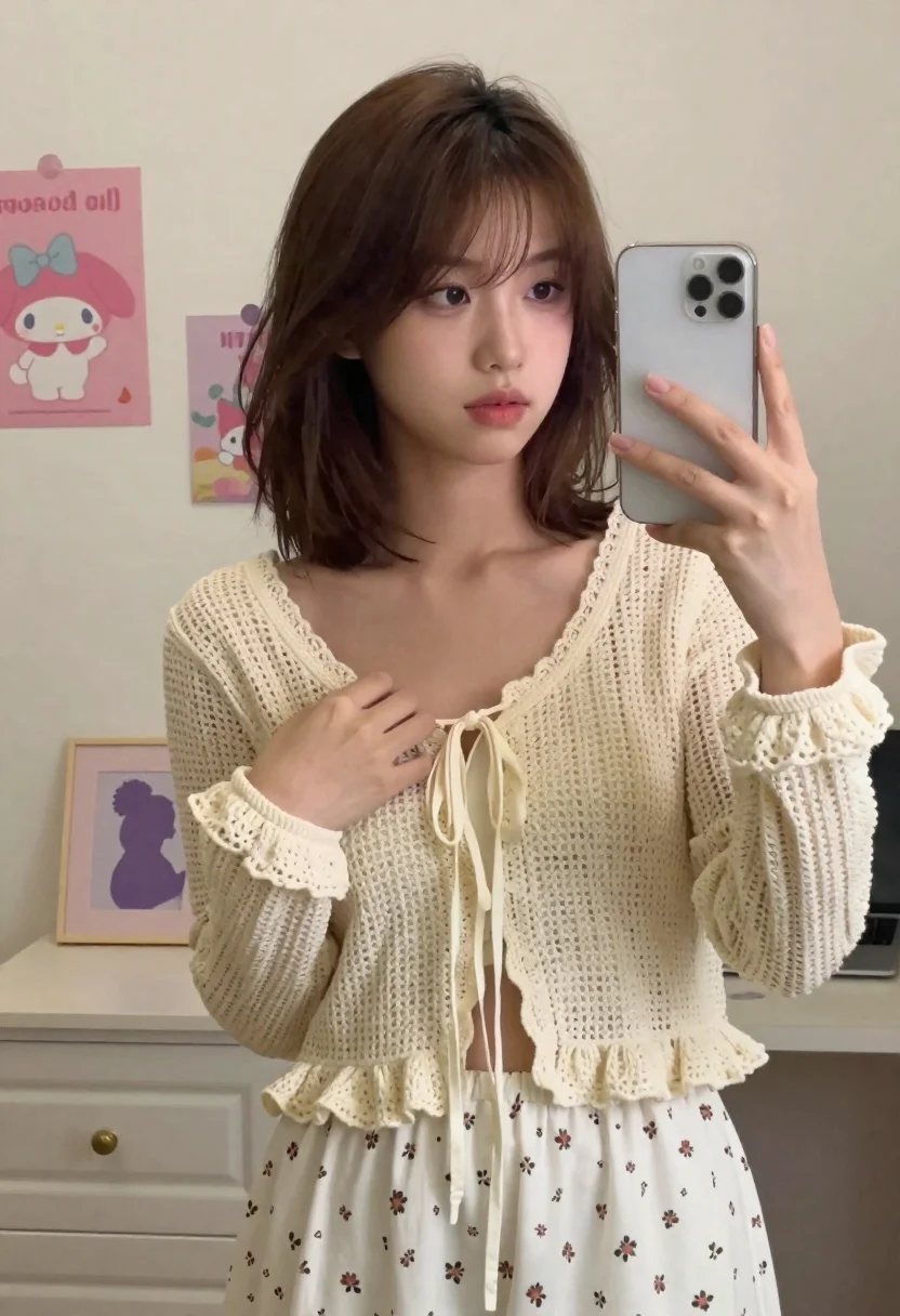 A young woman with shoulder-length brown hair takes a mirror selfie holding a smartphone in soft indoor lighting.