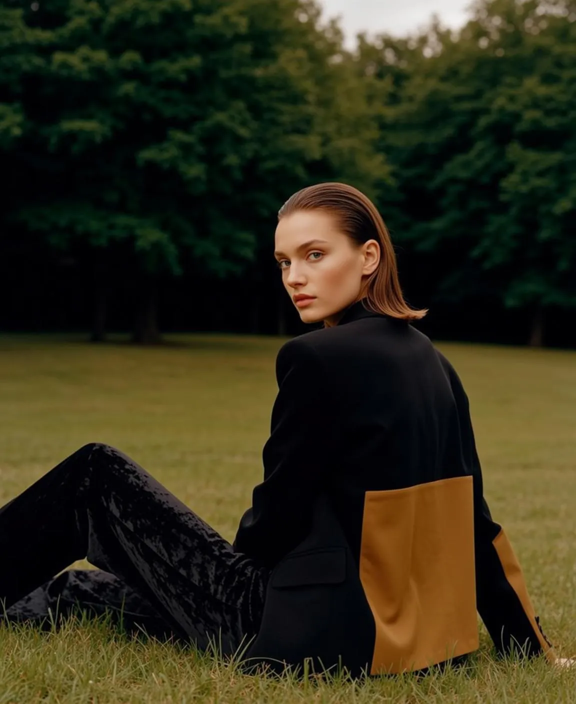 Explore Seated Grassy Field Her Body Turned