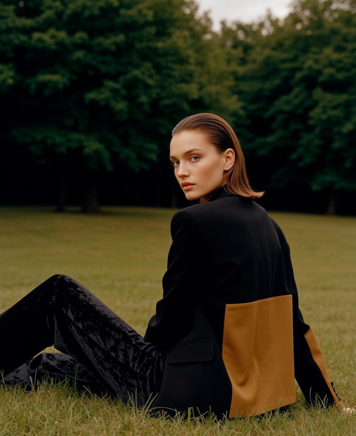 Explore Seated Grassy Field Her Body Turned