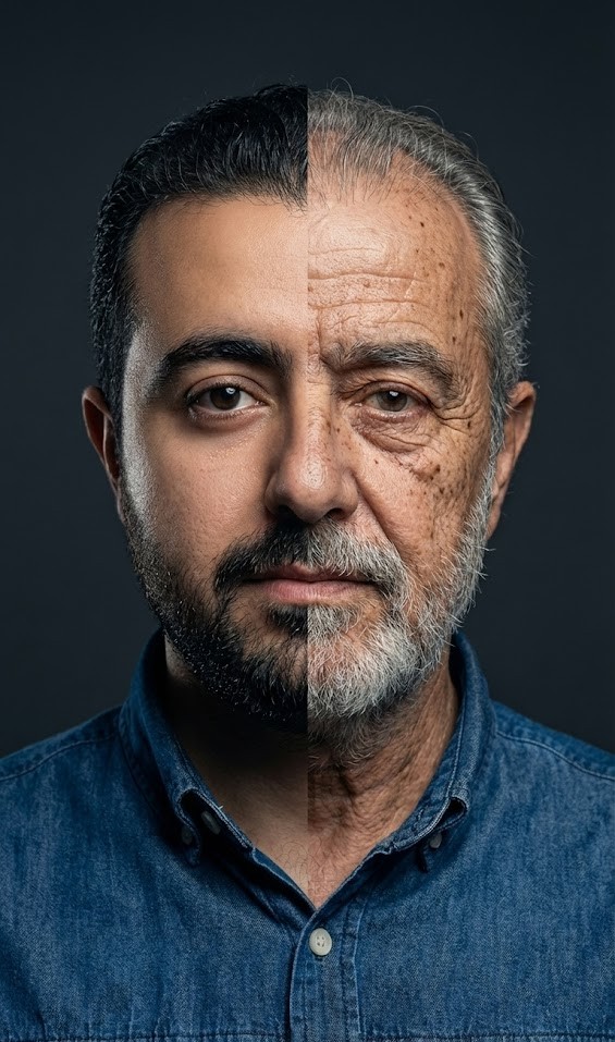 A striking symmetrically split portrait showing a youthful individual on one side and an aged version on the other, detailed wrinkles, and gray hair.