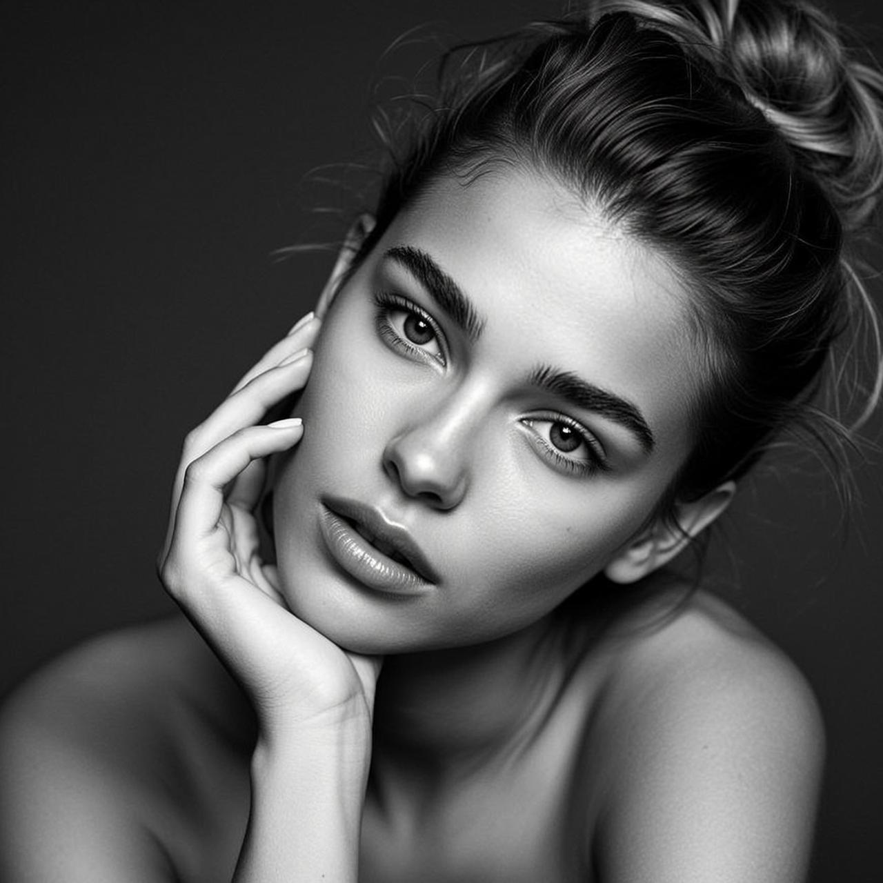 Photorealistic Black And White Headshot Young Woman With Her Head