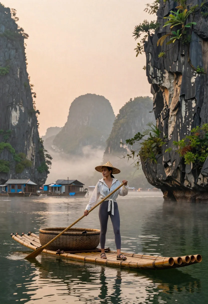 Mystical Rainforest Canopy Realm Scene Graceful Woman Crossing Vietnam Long reference photo