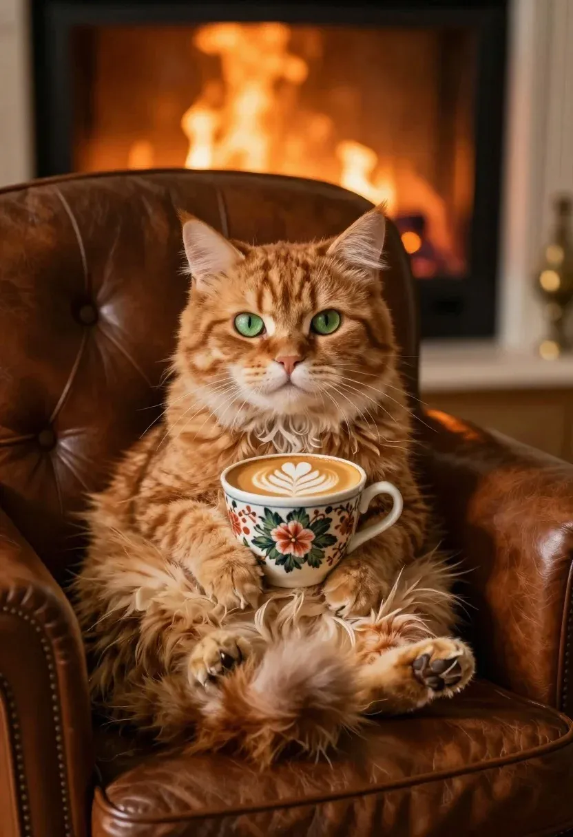 Photorealistic Portrait Fluffy Ginger Cat Lounging Brown Leather Armchair Subject