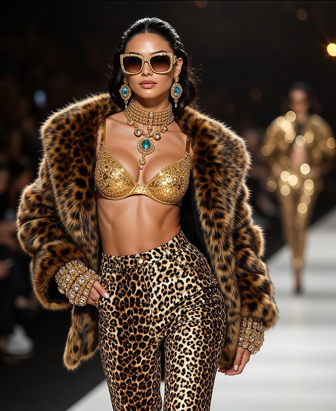 Gold Sequin Bra Leopard Pants Runway Confident