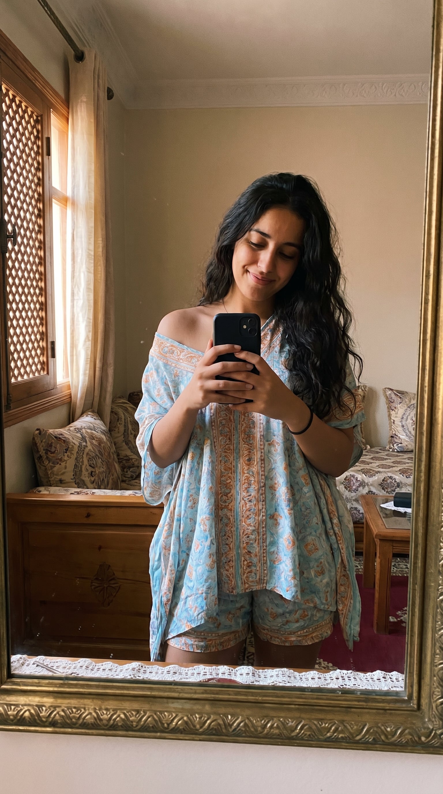Cozy Living Room Mirror Selfie Paisley Tunic