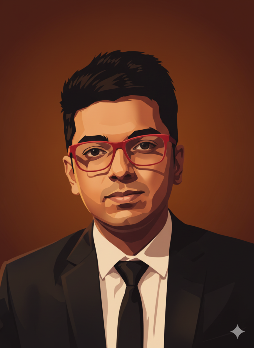 Stylized digital portrait of Mrinal Prakash in warm cinematic tones with bold shading and smooth color transitions.