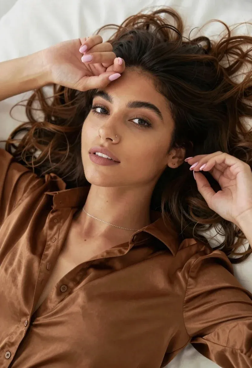 Close-up Portrait Woman With Long Brown Hair Lying Down And