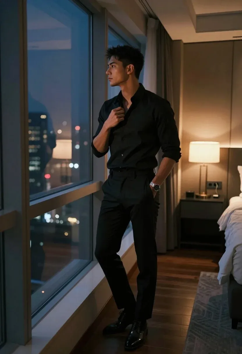 Handsome Man Stands Dimly Lit Hotel Room The Window Night