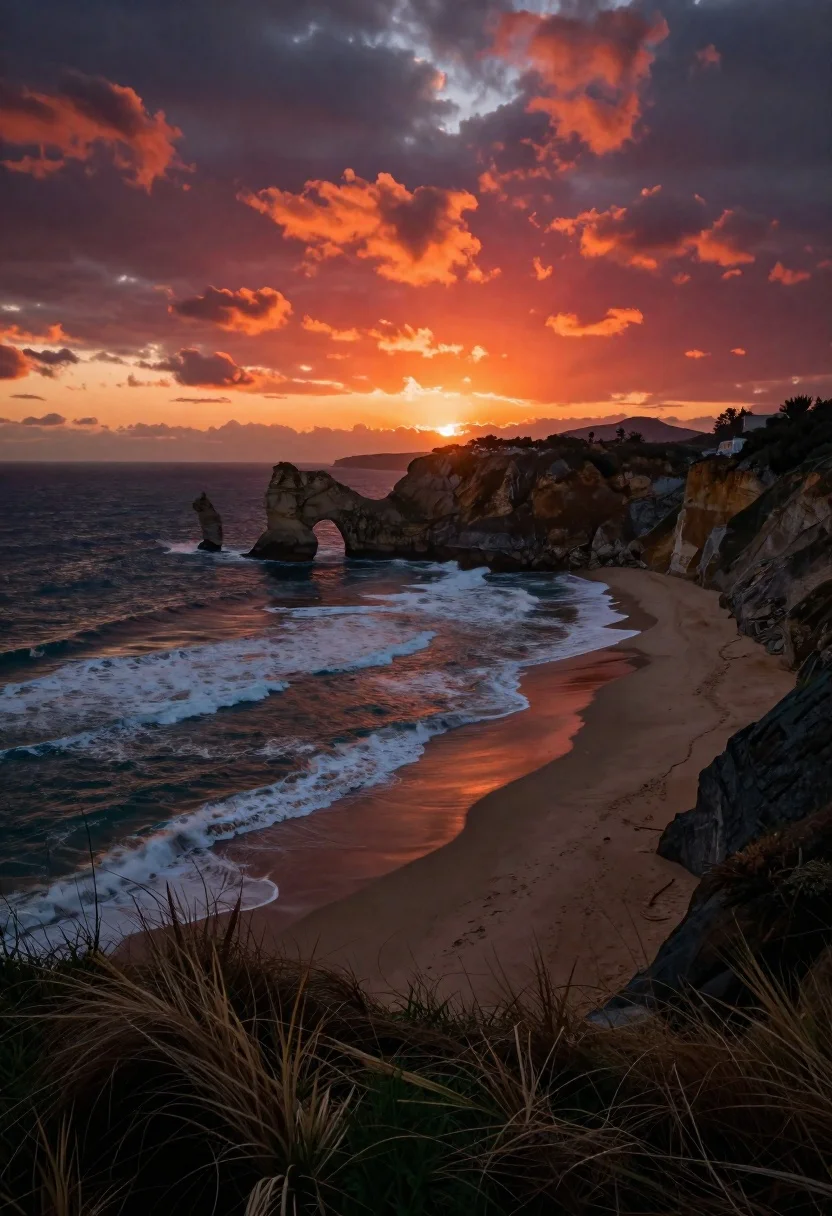 Dramatic Coastal Landscape Sunset Featuring Sandy Beach Curving Along The