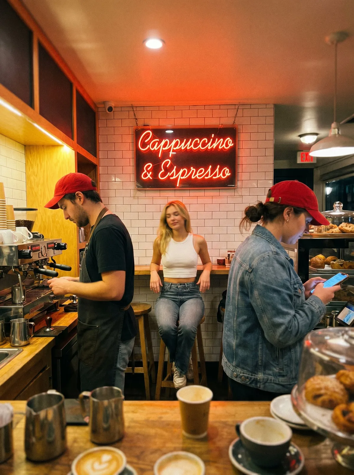 Coffee Shop Barista Making Latte Art Woman Relaxing