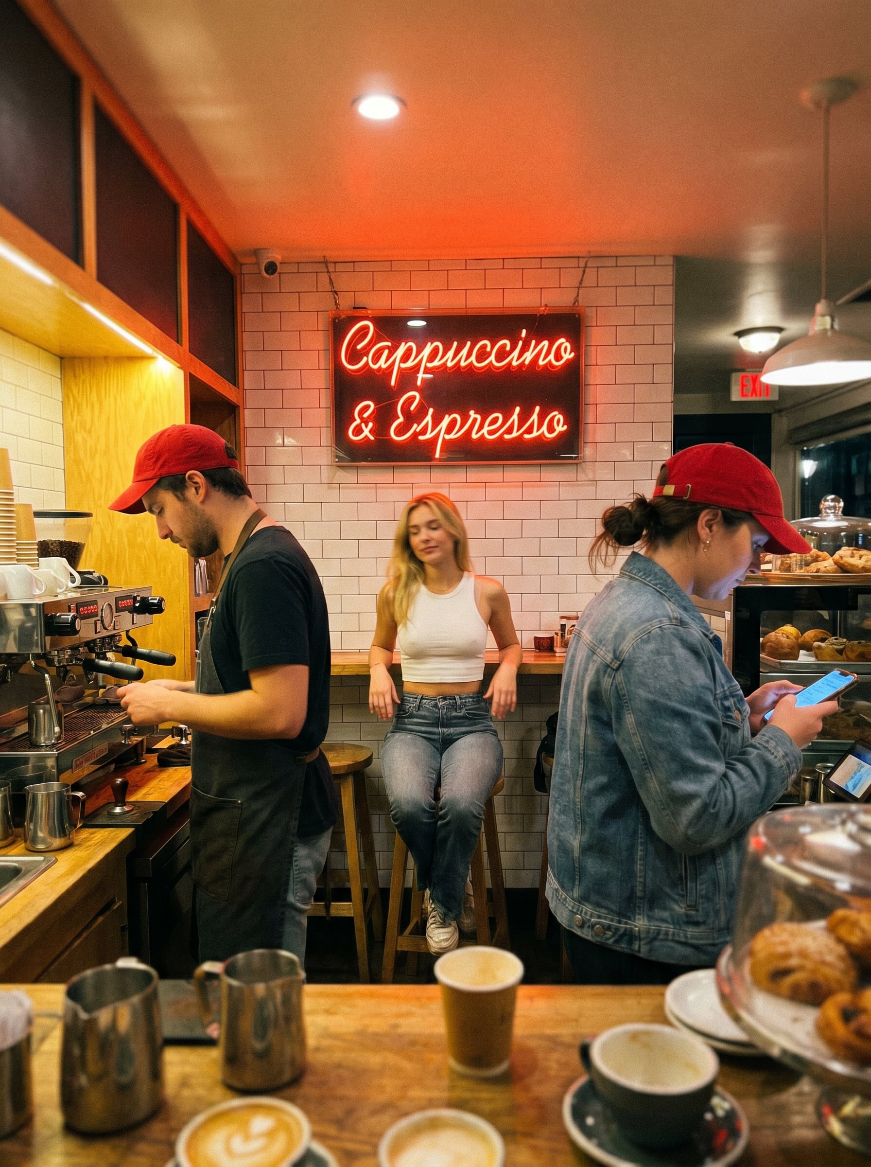 Coffee Shop Barista Making Latte Art Woman Relaxing