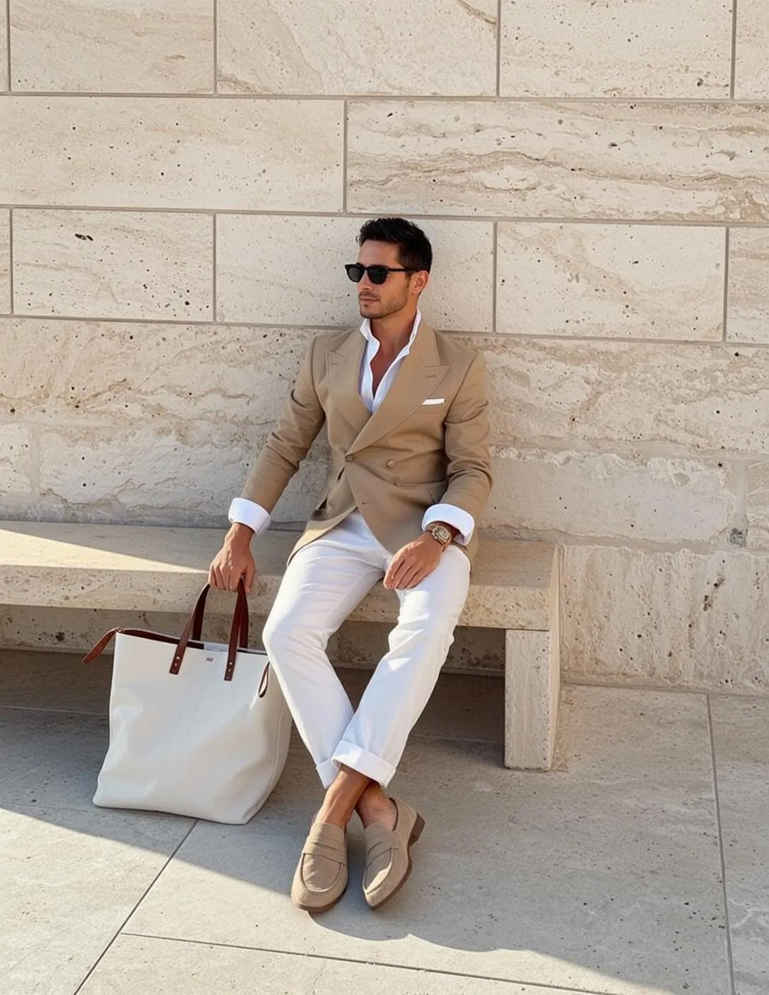 Short Dark Styled Tan White Dress Shirt