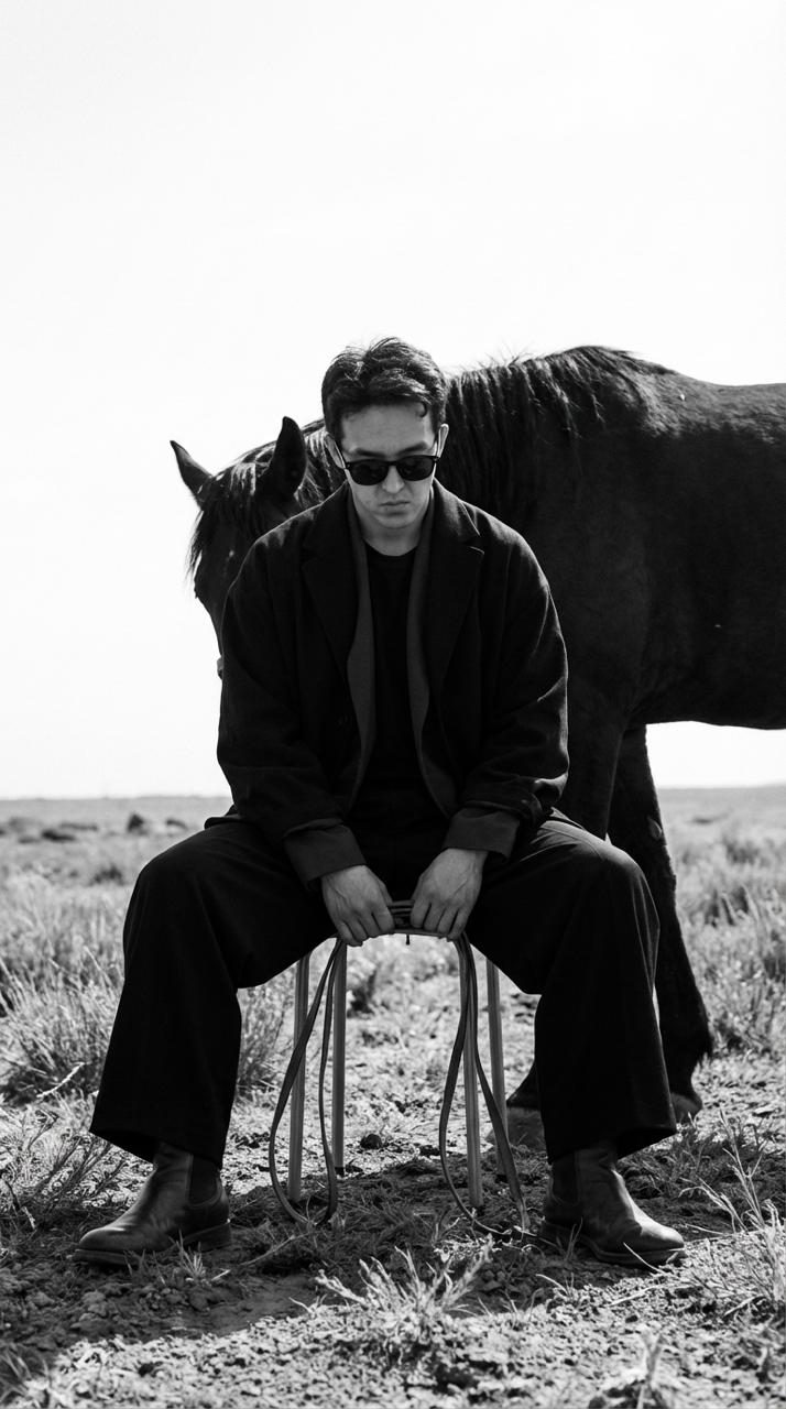 A figure in dark oversized clothing sitting on a minimalist stool in a serene outdoor landscape, relaxed pose with a horse closely behind.