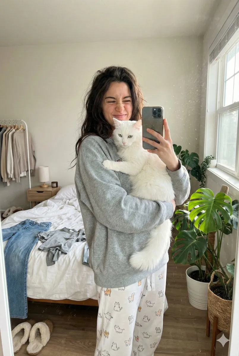 Cat Hugging Bedroom Mirror Selfie