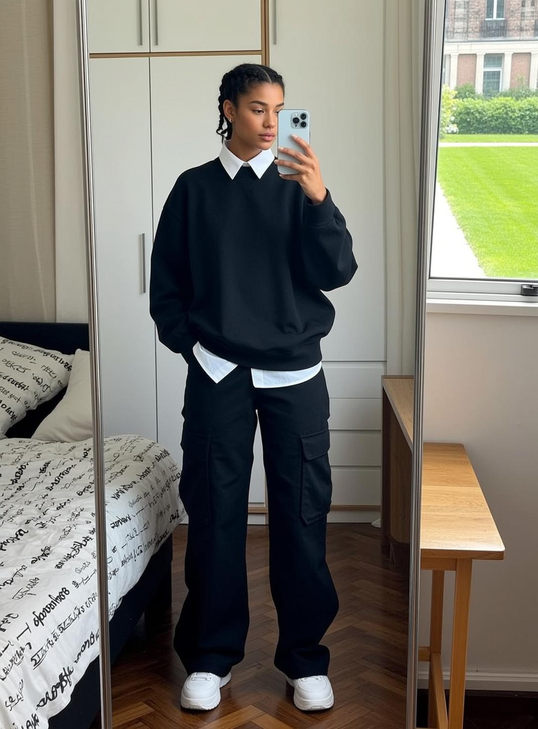 Casual Young Braided Dark Medium-toned Black Crewneck