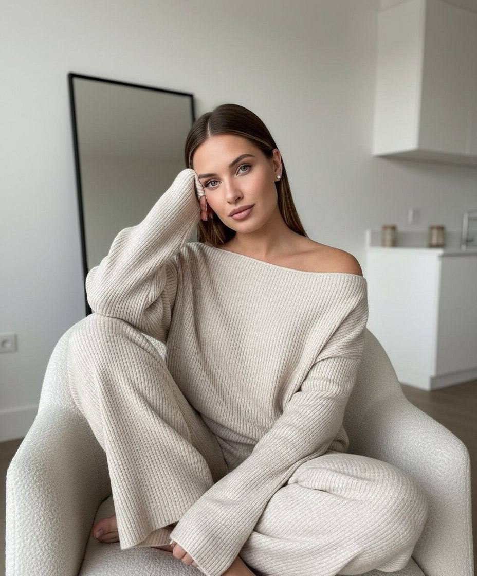 A woman in a relaxed pose on a cream chair, wearing an oversized sweater in a minimal modern living room.