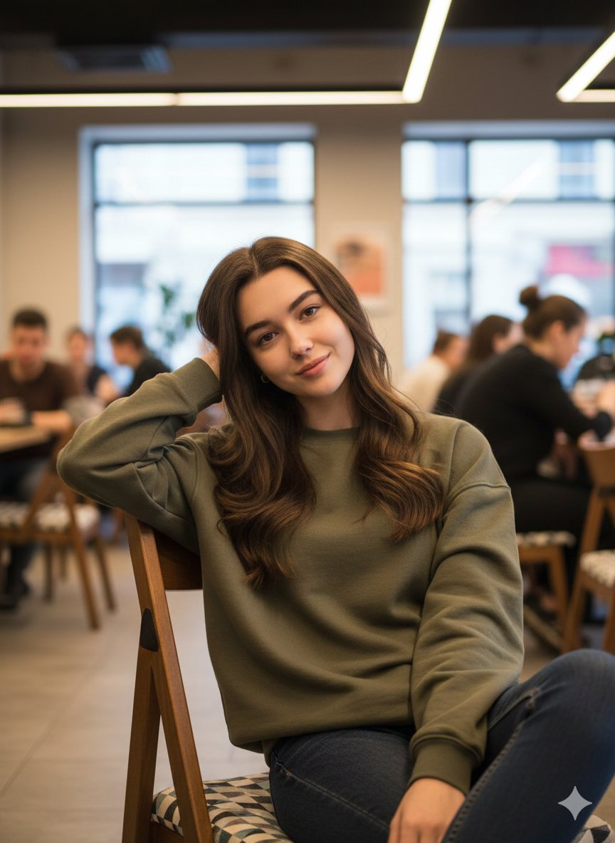 Young woman seated in a modern café, relaxed pose, gentle smile, long dark brown hair in soft waves, olive-green sweatshirt, warm lighting.