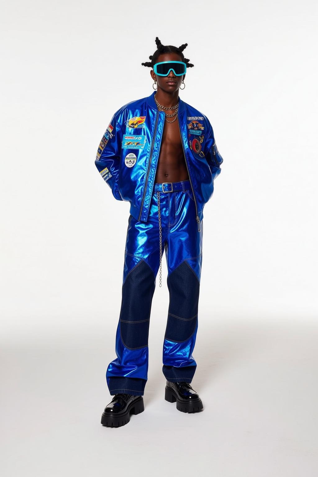 Black Man Blue Metallic Jacket Gold Chains Studio
