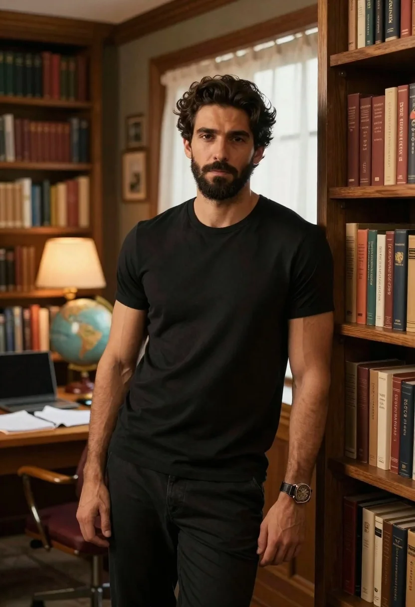 Confident Man With Beard Stands Cozy Study Surrounded Bookshelves Subject