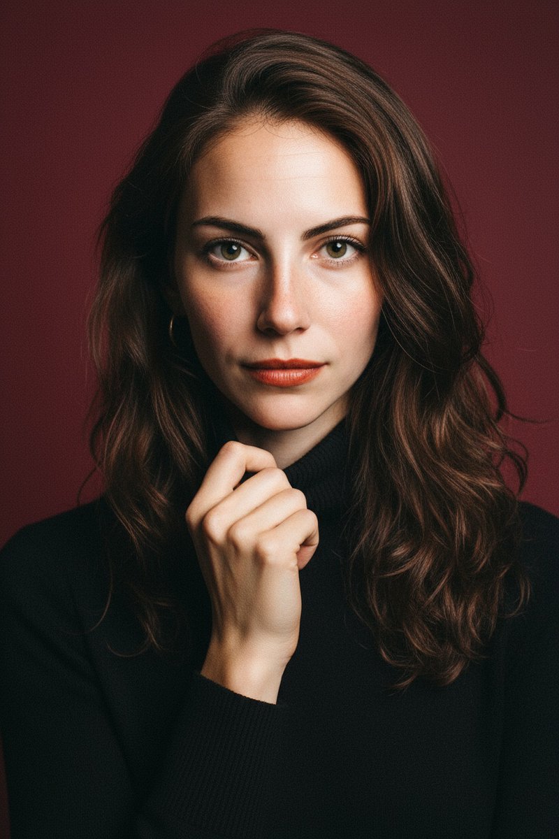 A photorealistic studio portrait of a person in a black high-neck sweater, with warm lighting and a dark red background.