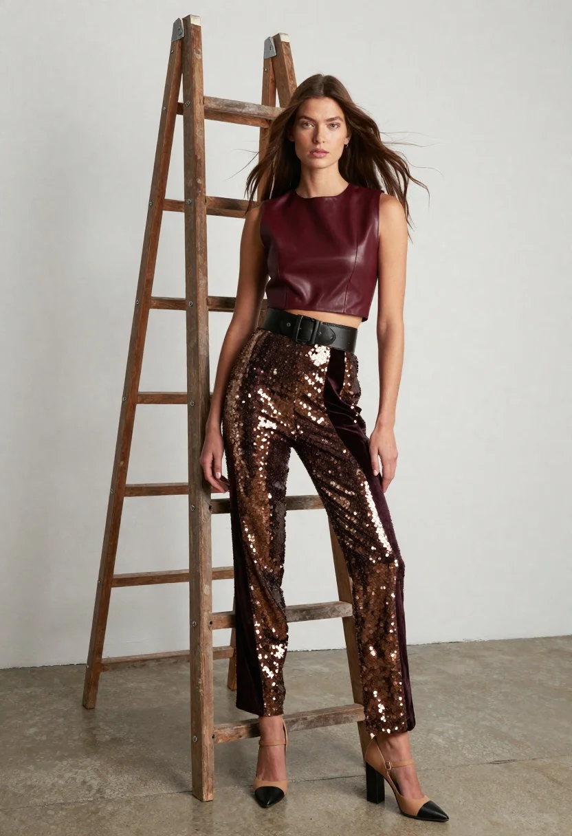 Fashion Model With Long Flowing Hair Stands Confidently Leaning Against reference photo