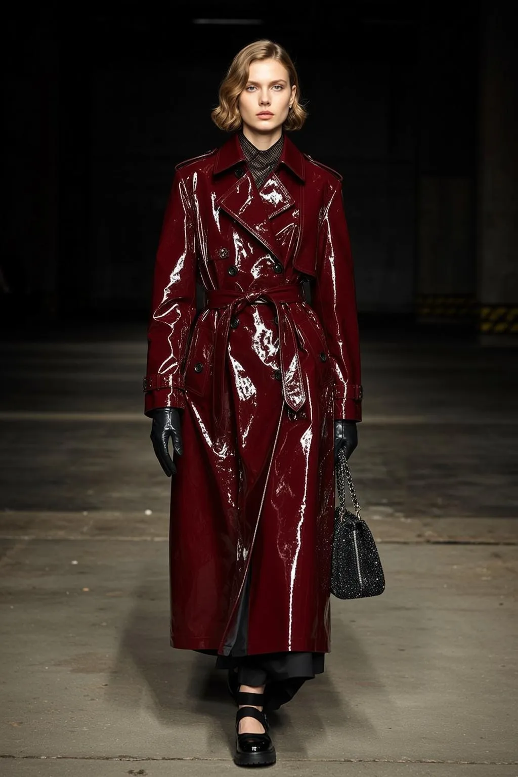 Red Patent Trench Coat Model Industrial Spotlight