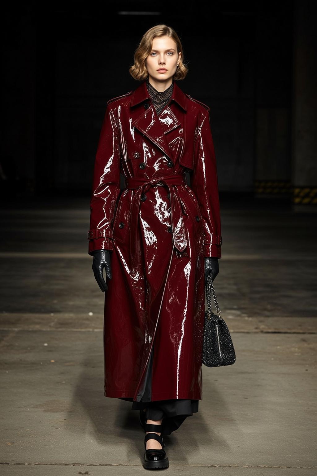 Red Patent Trench Coat Model Industrial Spotlight