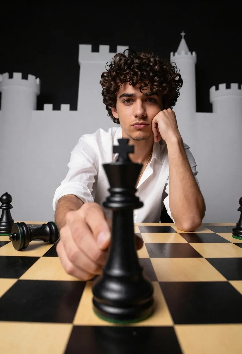 Young Man With Dark Curly Hair Sits Large Chessboard Holding