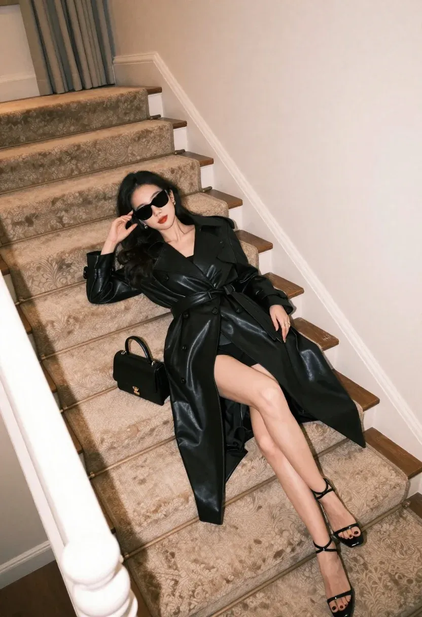 Stylish Woman Reclining Carpeted Staircase High-angle Shot Subject Woman With