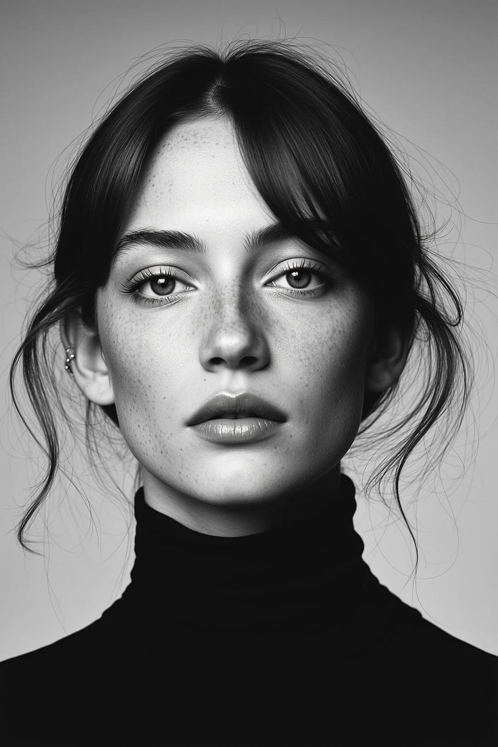 Photorealistic Black And White Medium Close-up Portrait Young Woman With