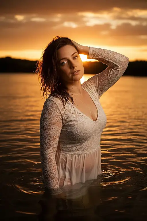 The Uploaded Woman Stands River The Setting Sun Fiery Sunset