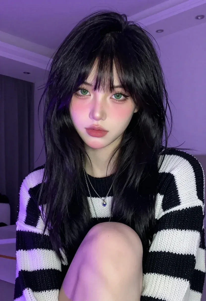 Close-up Portrait Young Woman With Long Messy Black Hair And