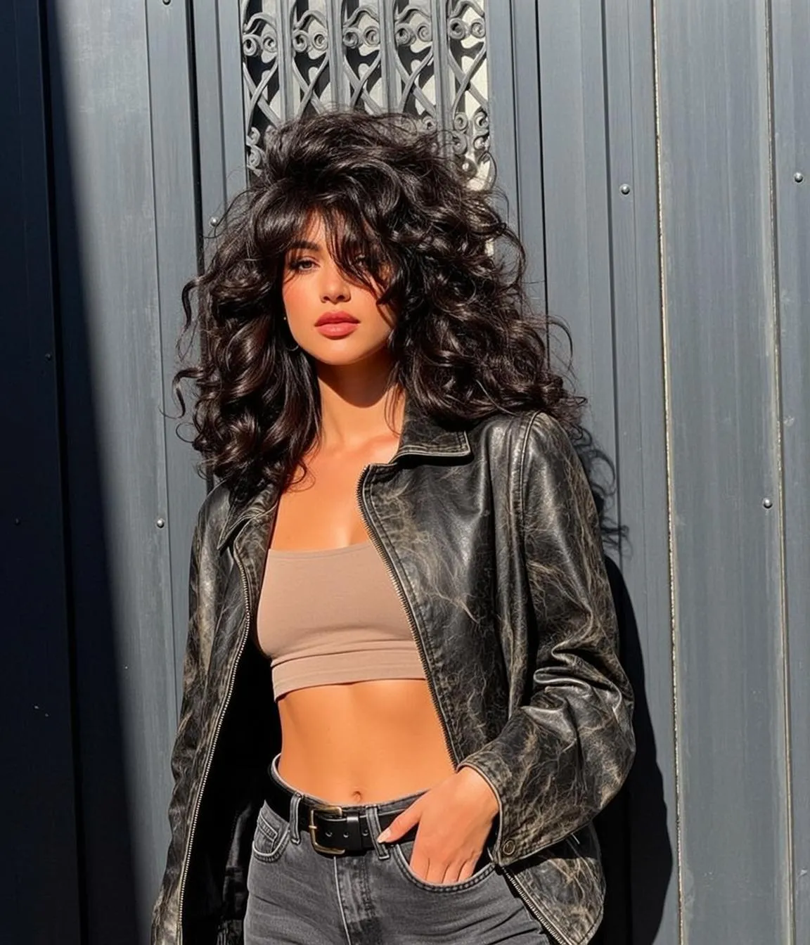 Urban Street Tan Woman Leather Jacket Cinematic Lighting