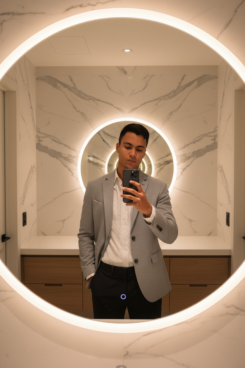 Retrato editorial de homem em espelho, com blazer cinza, segurando iPhone 17 Pro Max em banheiro moderno.
