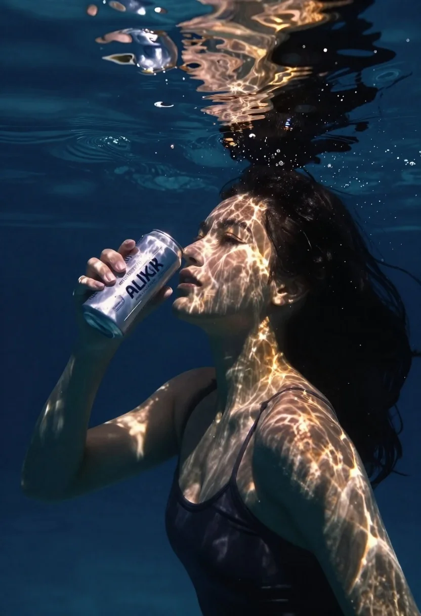 Woman Submerged Underwater Holding Beer Can Near The Surface Subject