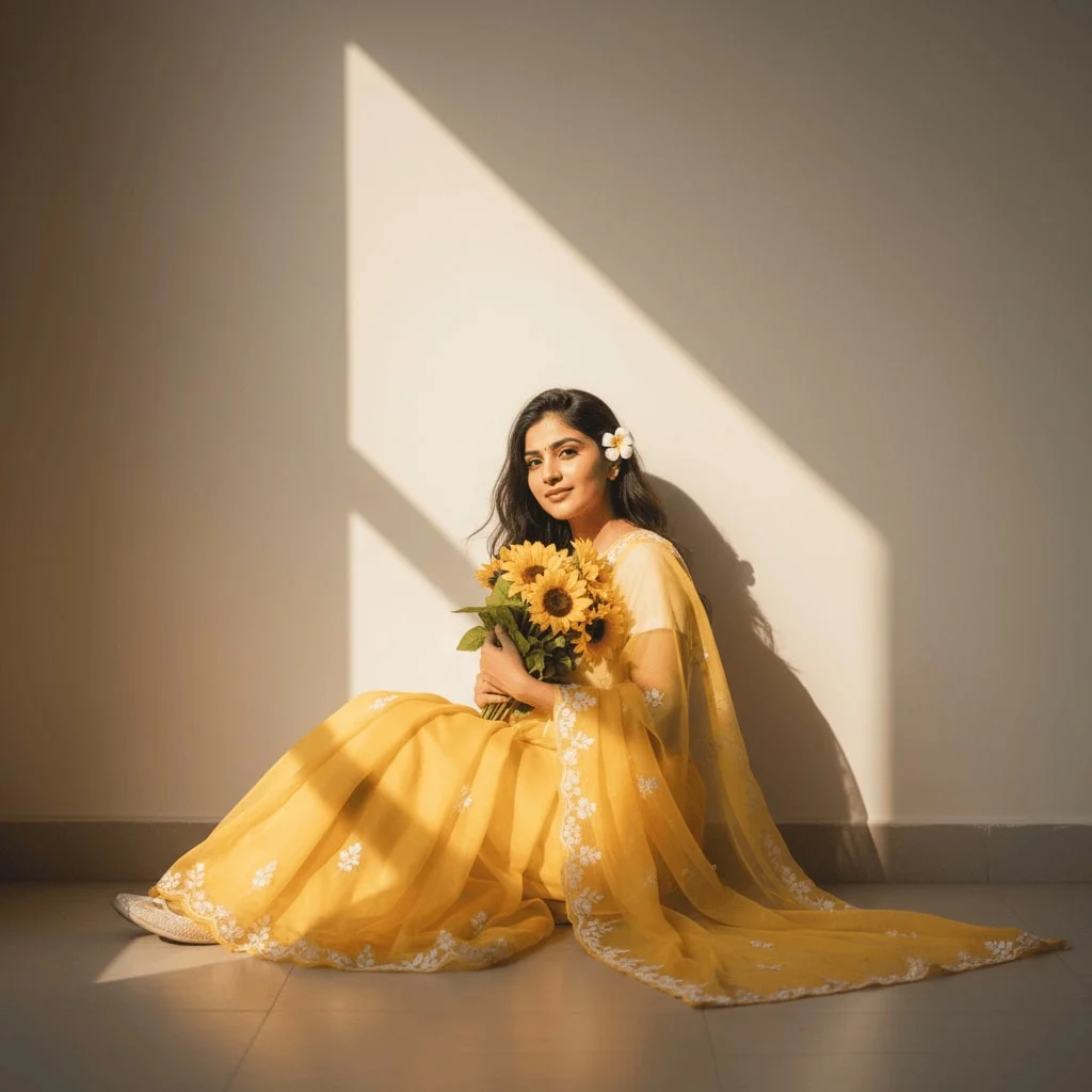 Elegant pose in a sheer yellow saree against a plain backdrop, holding a bouquet of sunflowers.