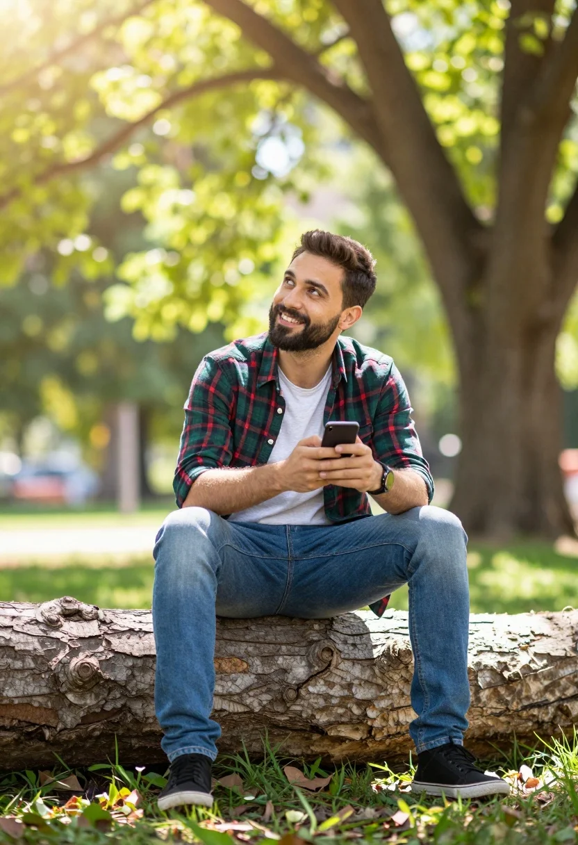 A man sitting casually on a large fallen tree trunk, smiling at his smartphone under bright sunlight.