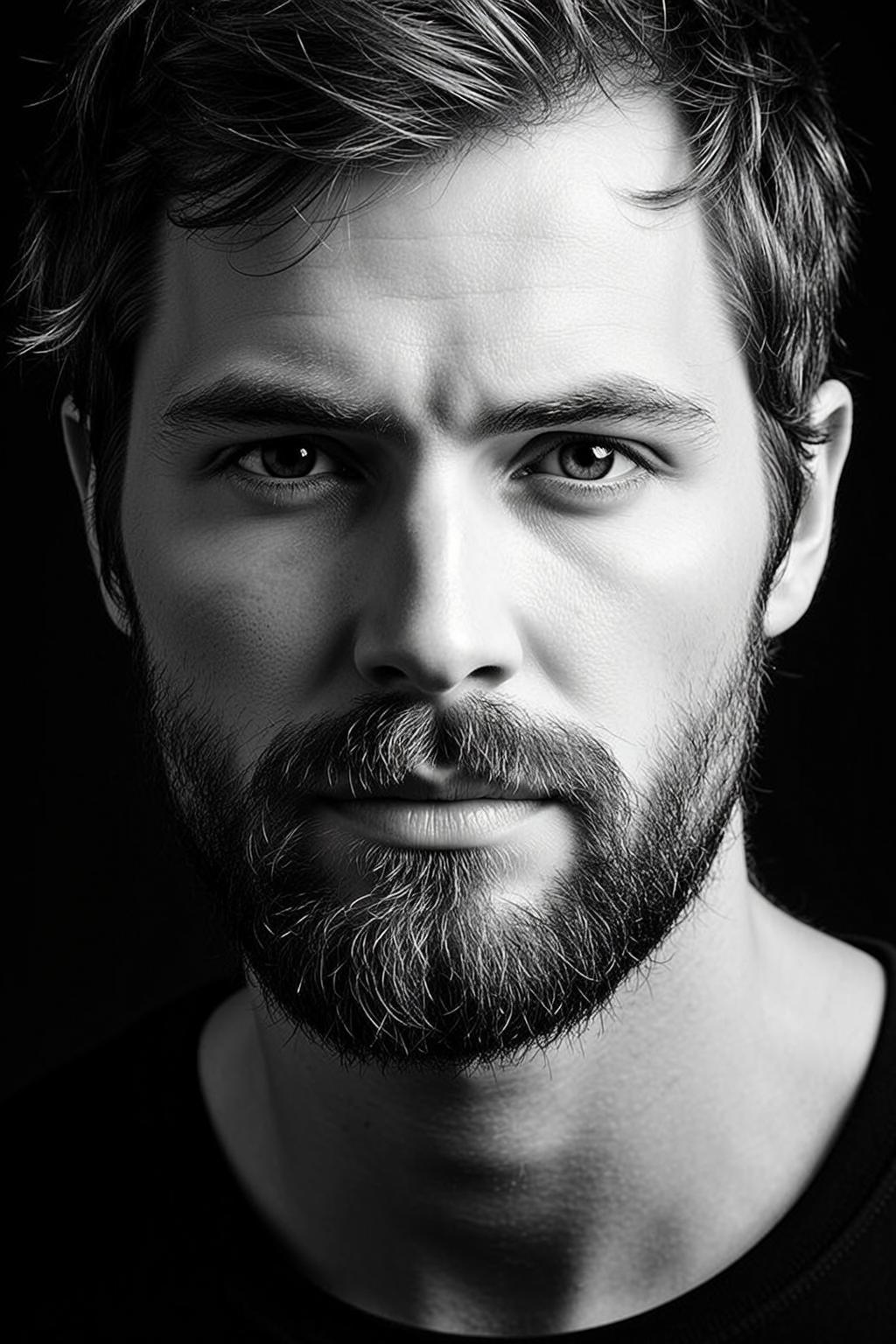 Photorealistic Close-up Head-and-shoulders Portrait Man With Striking Intense Eyes And