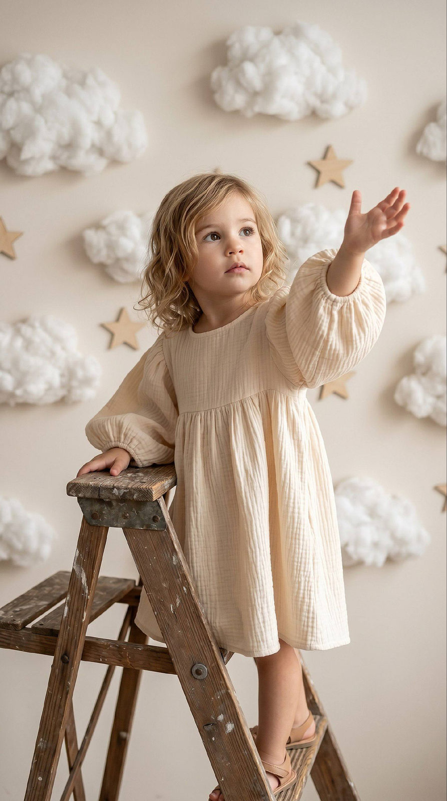 A girl in an airy dress climbing a wooden stepladder under cotton clouds and wooden stars in a bright studio.