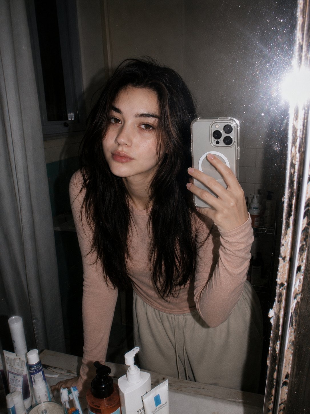 Dim Bathroom Mirror Selfie in Pale Pink